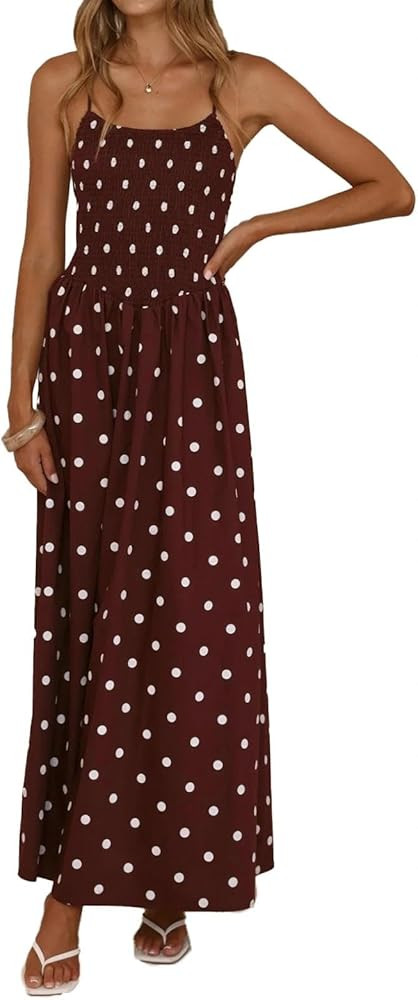 ABYOVRT Women Polka Dot Maxi Dress Smocked Spaghetti Strap Flowy Sundress Summer Beach Vacation | Amazon (US)