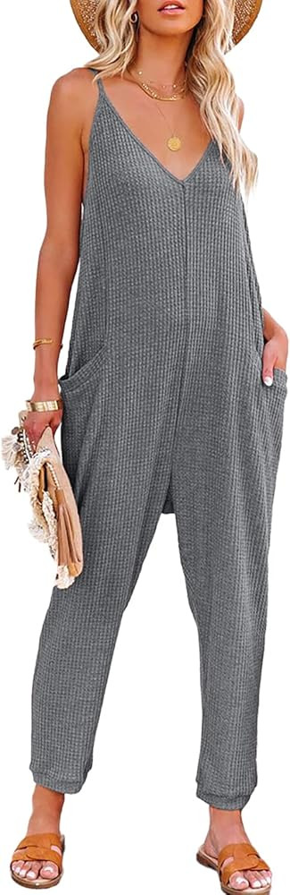 AlvaQ Jumpsuits for Women Casual Summer Rompers Sleeveless Loose Spaghetti Strap Overalls Jumpers... | Amazon (US)