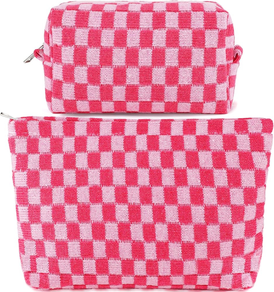 ZLFSRQ 2Pcs Checkered Makeup Bag for Women Large Capacity Pink Cosmetic Bag Set Travel Makeup Pou... | Amazon (US)