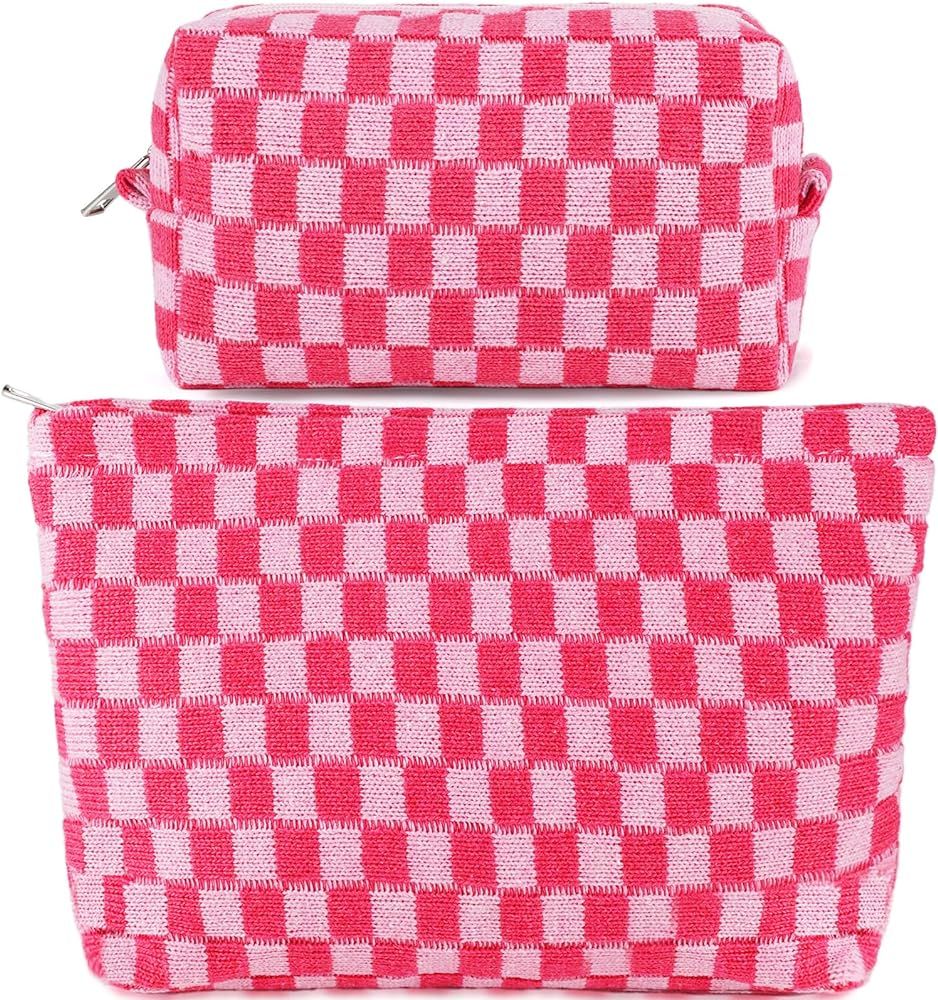 2Pcs Checkered Makeup Bag for Women Large Capacity Pink Cosmetic Bag Set Travel Makeup Pouch for ... | Amazon (US)