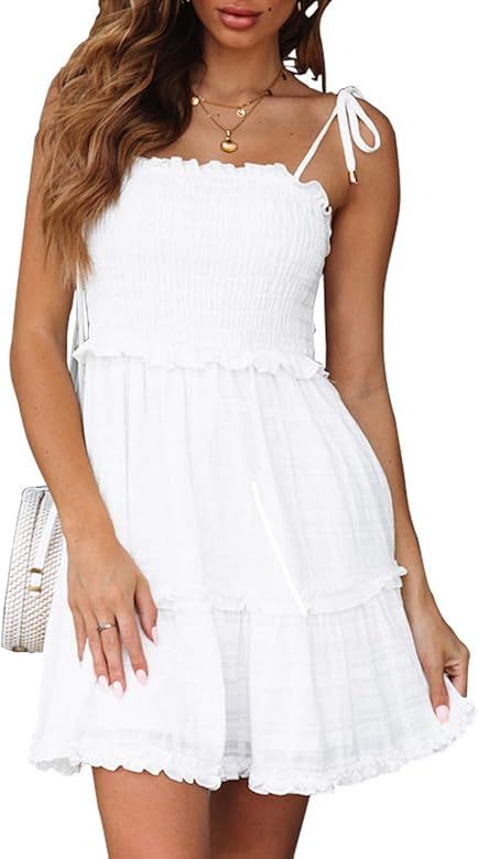 Women's Summer Spaghetti Strap Solid Color Ruffle Backless A Line Beach Short Dress | Amazon (US)