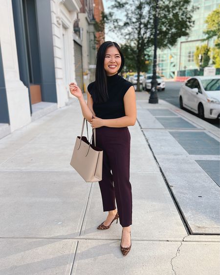 Black shirt sleeve sweater (XS)
Black mock neck top
Burgundy pants (4P)
Taupe tote bag
Kate Spade tote bag
Leopard pumps
Monochromatic outfit
Business casual outfit 
Smart casual outfit 
Teacher outfit 
Neutral work outfit 
Ann Taylor outfit 

#LTKworkwear #LTKstyletip #LTKunder100