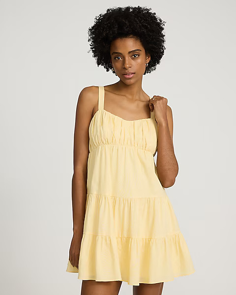 Linen-Blend Ruched Sleeveless Tiered Mini Dress | Express