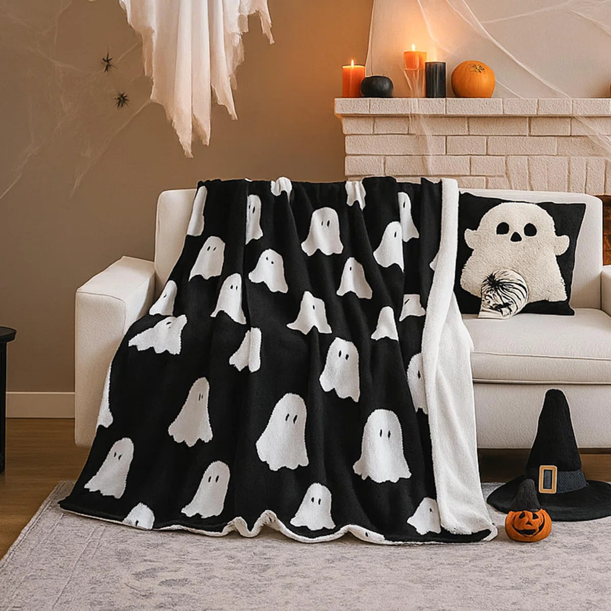 Smoofy Halloween Throw Blanket , White Ghost Black Fluffy Fleece Throw Blankets For Bed And Couch | Wayfair North America