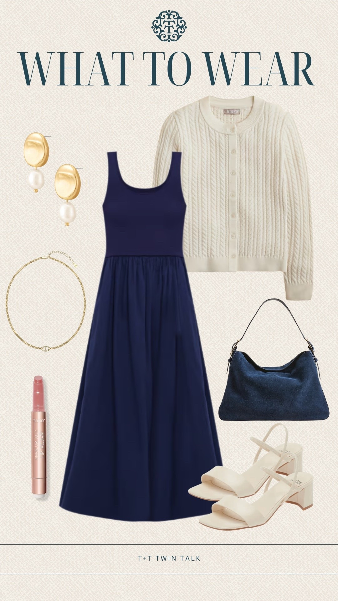 What to wear to a dinner date! A navy Hill House dress with a textured J.Crew cardigan draped around your shoulders. Paired this with a suede navy J.Crew dress, white heels, and gold jewelry to complete the look. 

#LTKStyleTip #LTKMidsize #LTKOver40
