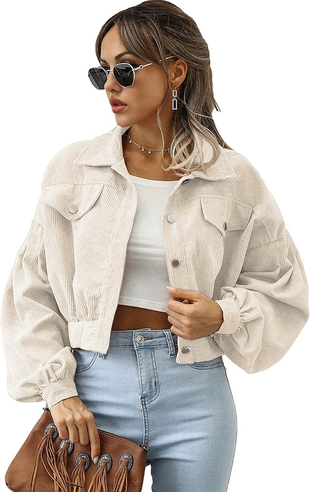 Qiaomai Womens Casual Corduroy Jacket Loose Button Up Puff Sleeve Cropped Solid Jacket Coat | Amazon (US)