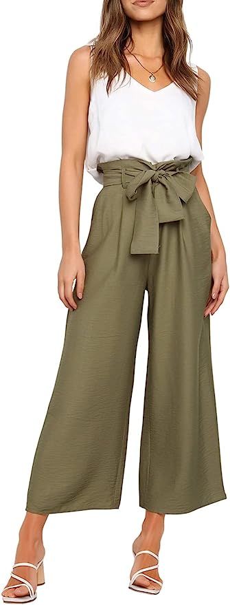 FANCYINN Womens 2 Piece Crop Pants Set V Neck Tank Wide Strap Tops High Waisted Cropped Paper Bag... | Amazon (US)