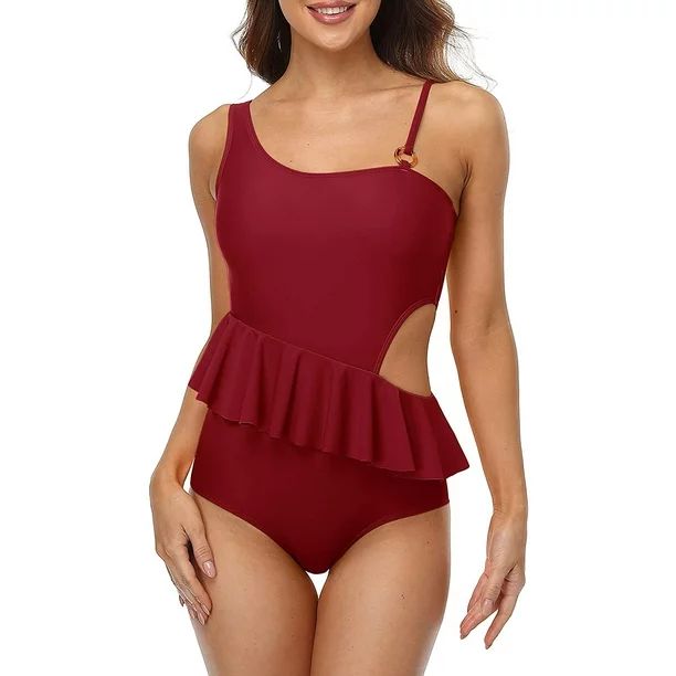 Women's Ruffle One Piece Swimsuits Cutout Bathing Suit Asymmetric Shoulder Monokini Swimwear - Wa... | Walmart (US)
