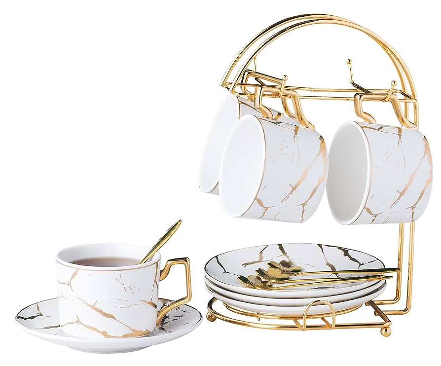 Jusalpha Serve of 4- Hand Printed Golden Matte Ceramic Marble Tea Coffee/Tea Cups with Spoons and... | Amazon (US)