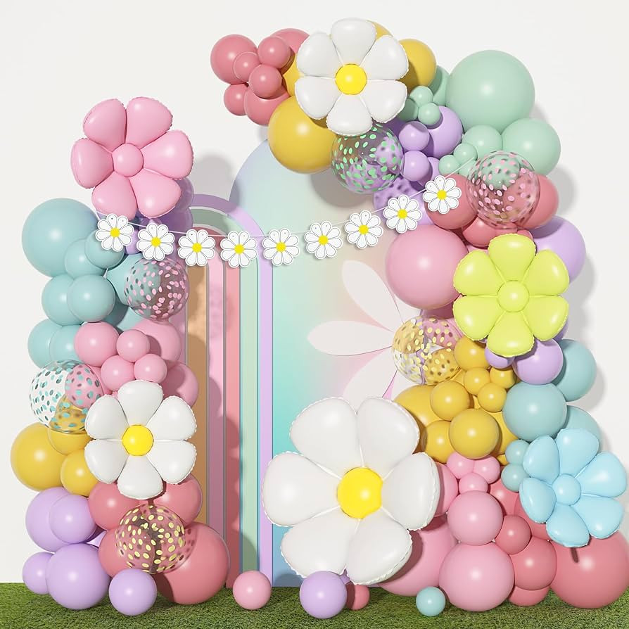 Amandir 162Pcs Daisy Balloon Garland Arch Kit, White Groovy Flower Pastel Pink Yellow Blue Green ... | Amazon (US)