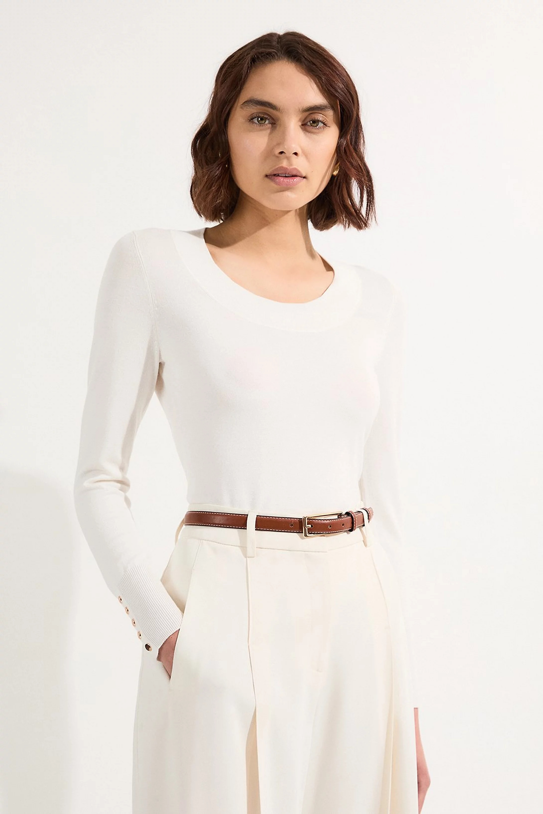 Viscose Blend Long Sleeve Scoop Neck Knitted Top | Karen Millen UK + IE + DE + NL