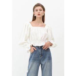 Square Neck String Button Crop Top in White | Chicwish