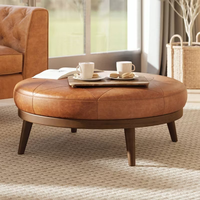Poly & Bark Gio Italian Leather Ottoman Cognac Tan: Upholstered Padded Seat, Wood Frame, Oval Shape, 17" Height | Target