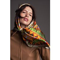 Printed Colorful Square Silk Scarf With An Original Ethnic Pattern By Designer Dikla Levsky. Orange, Green, Tan Brown, Lilac, Grey Foulard | Etsy (US)