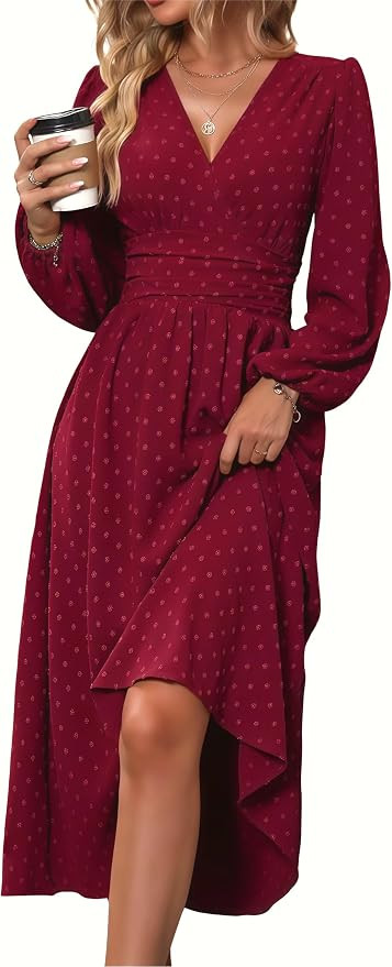 Mettclasi Women's Spring Fall Swiss Dot V-Neck Midi Dress Casual Puff Long Lantern Sleeve A-Line ... | Amazon (US)