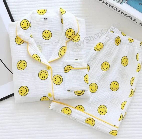 Happy Smile Cotton Pyjamas | Adults Gauze Short-Sleeved Shorts Casual Pyjamas | Suit Women’s Cr... | Etsy (US)