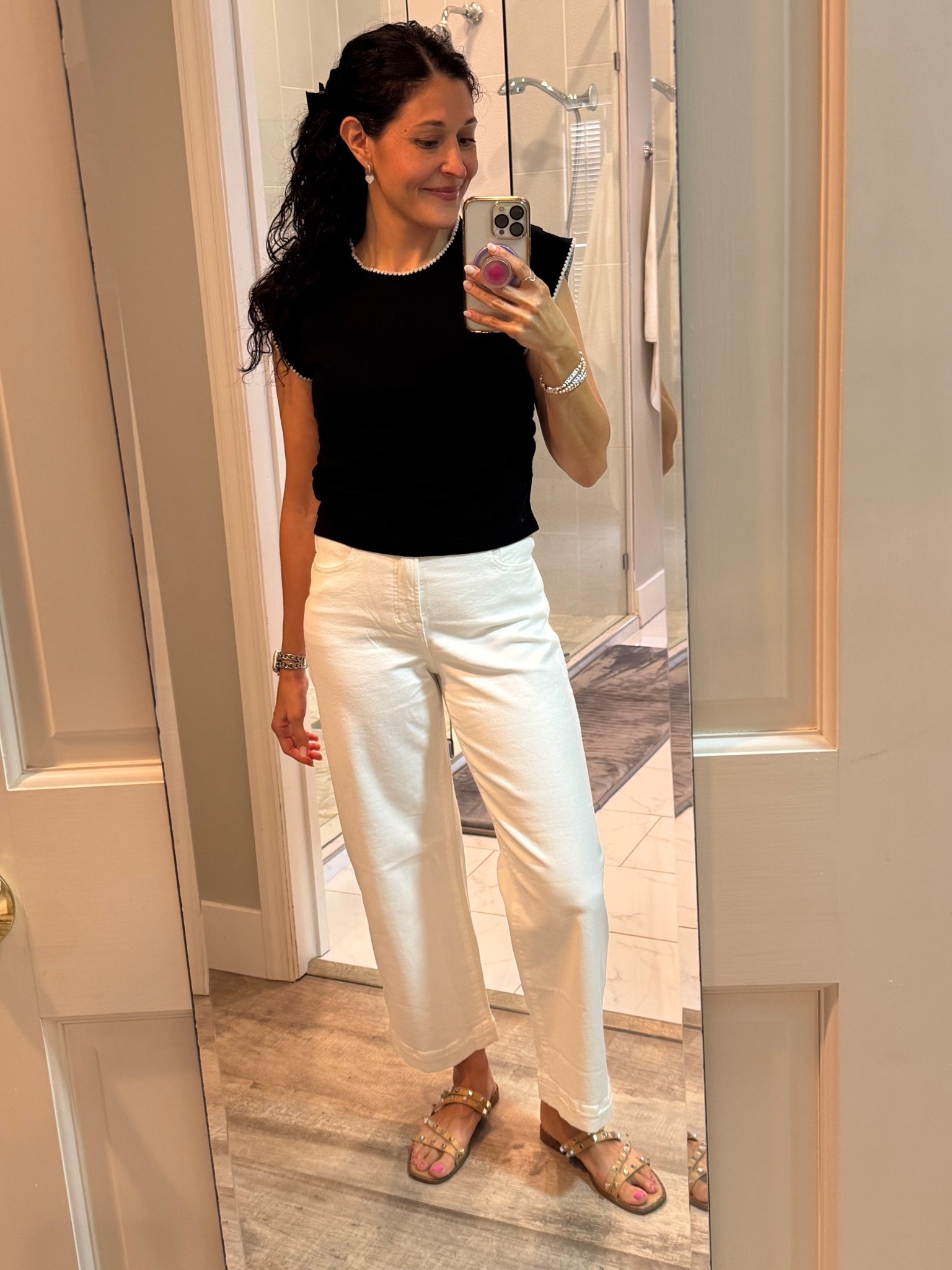Love this outfit for spring from Madewell! Small in the top, 26 in jeans. They have a nice stretch to them, and I love how this black top has the white detail and rouged waist. Sandals are old target.

#LTKxMadewell #LTKStyleTip #LTKSeasonal
