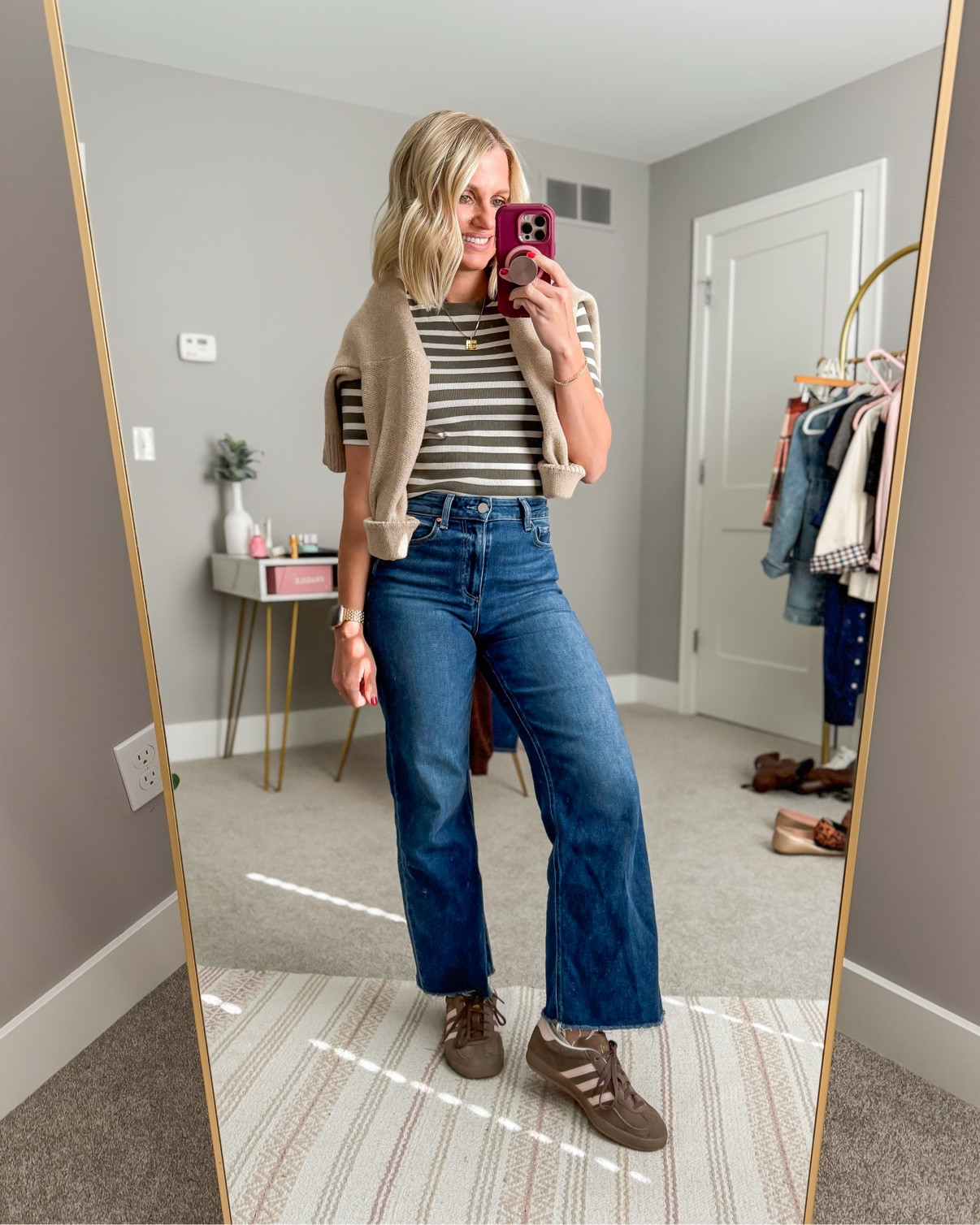 What I wore today 🍂 Striped tee with a sweater over my shoulders + wide leg jeans and sneakers. Easiest fall formula
Top-xs || jeans-25 || cardigan- xs
 #whatiwore #ootd #fallstyle #petitestyle

#LTKootd #LTKPetite #LTKOver40