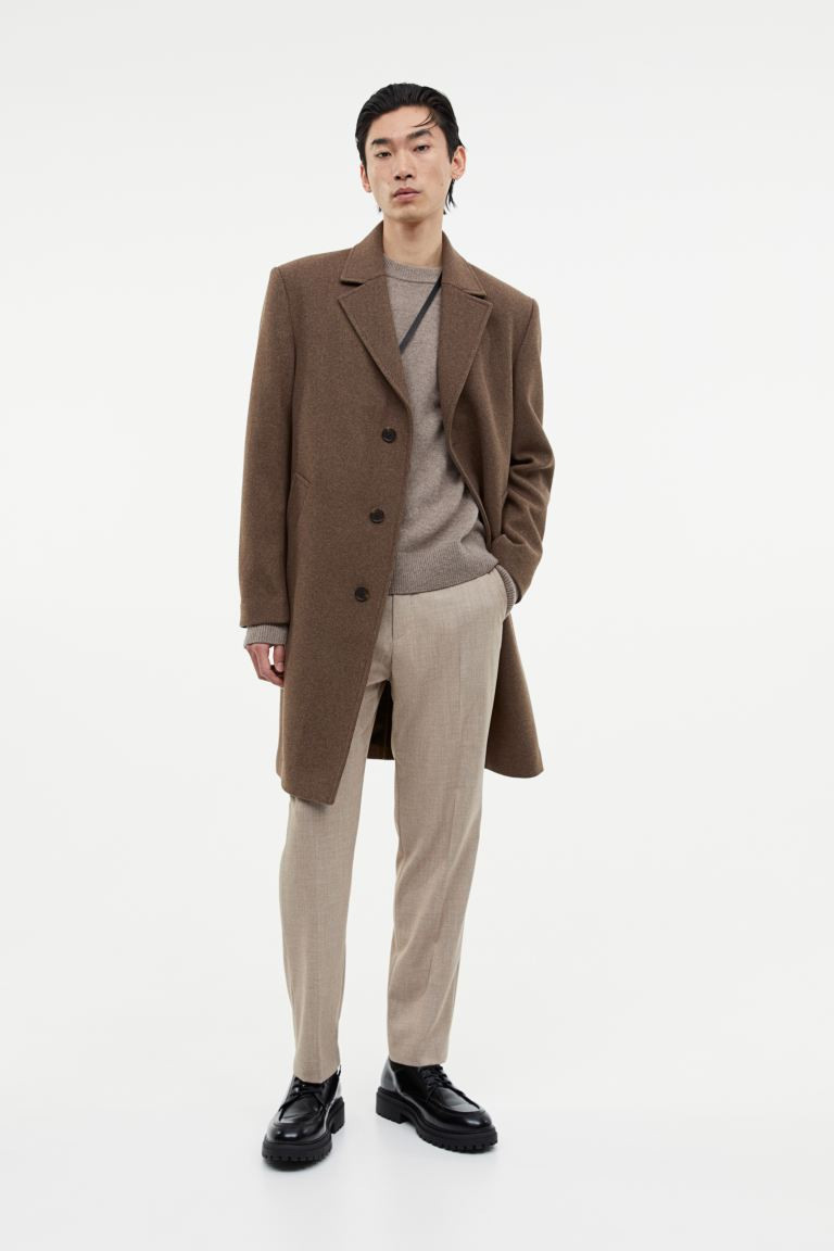 Wool Blend Coat - Long sleeve - Knee length - Dark beige - Men | H&M AU | H&M (AU)