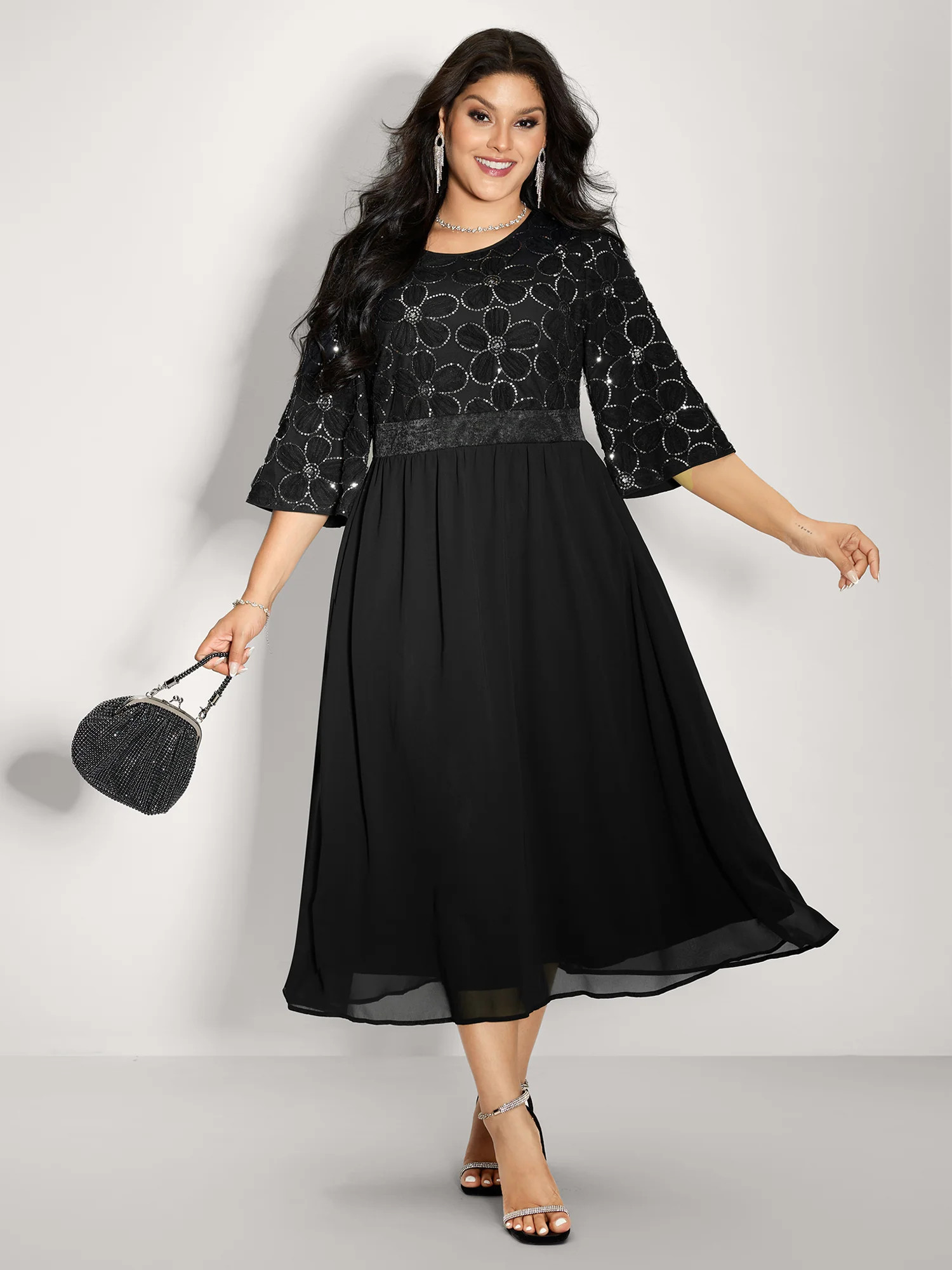 Sequin Floral Tulle Shirred Waist Maxi Dress | Bloomchic