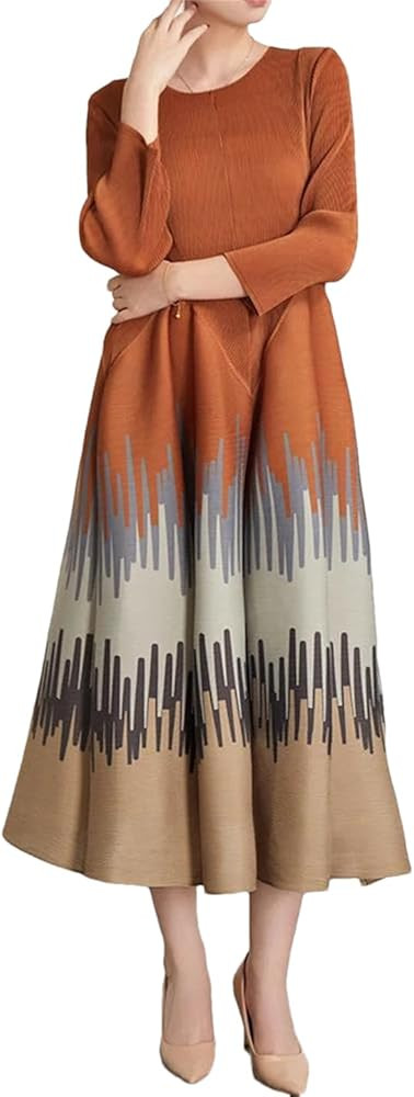 Women Pleated Flower Bud Vintage Printed Dress Long Sleeve Round Neck Elastic Waist Plus Size Dre... | Amazon (US)