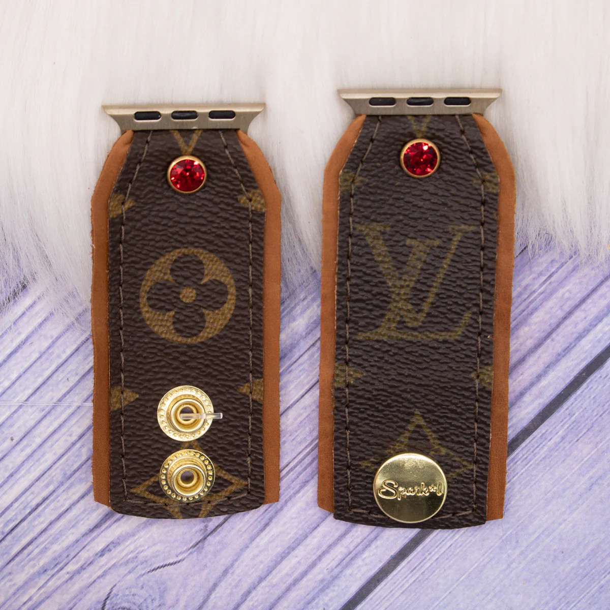 Ready to Ship - Upcyclced LV Monogram with Logo with Tan Veg Watchband (XS/S, Apple Watch 38/40/4... | Sparkl