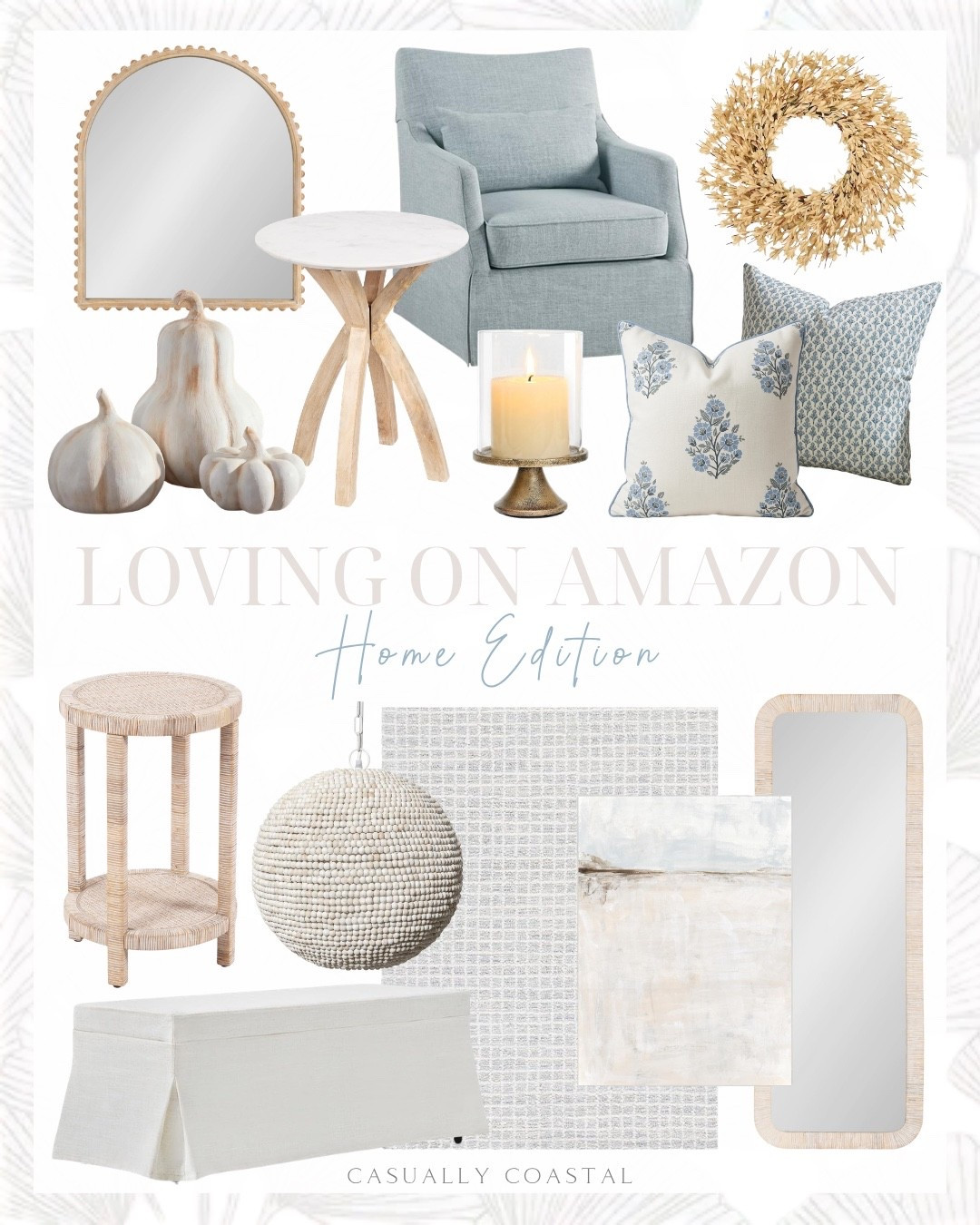Loving on Amazon: Home Edition 

Amazon home decor, coastal home decor, Amazon rug, coastal rug, Amazon pillow cover, Amazon mirror, Amazon side at ale, coastal side table, coastal accent chair, Amazon pumpkins, wood and marble side table, floral pillow covers, rattan wall mirror, modern area rug, 5x8 rug, pale blue rug, coastal pendant lighting, terracotta pumpkins, swivel chair, storage bench, round rattan side table, framed canvas wall art, coastal wall art, Amazon wall art, beaded arched mirror, fall wreath, Amazon wreath, hurricane candle holder

#LTKHome