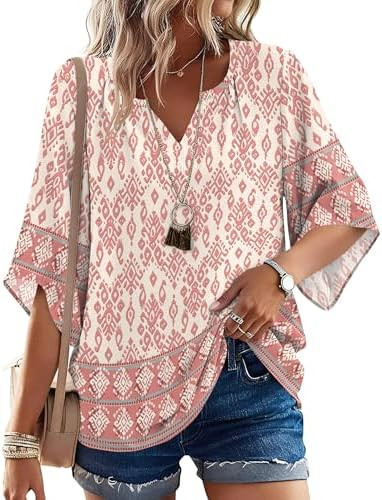 LOMON Women's 3/4 Length Sleeve Boho Tops V Neck Casual Vacation Clothes Loose Fit Tunic Shirts S... | Amazon (US)