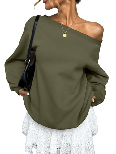 EasyGala Womens Fleece Lined Trendy Sweatshirt Off Shoulder Long Sleeve Pullover Going Out Top Oversized Work Shirt Basic Slouchy Winter Clothes 2026 Army Green Small | Amazon (US)