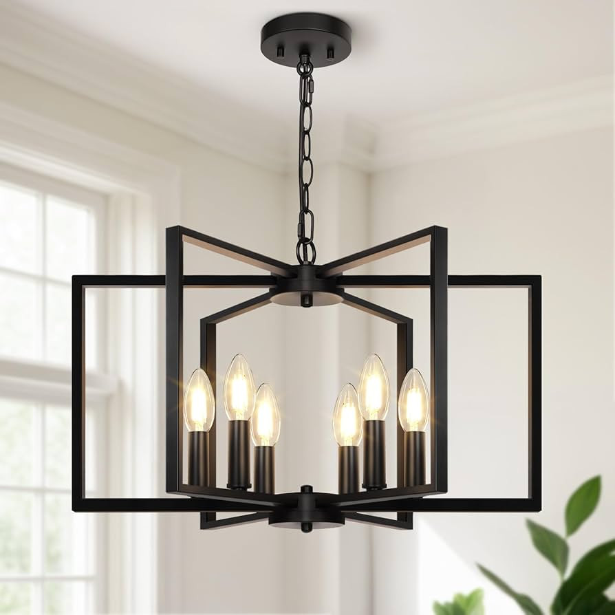 Black Farmhouse Chandelier, 6 Light Geometric Dining Room Light Fixture, Modern Industrial Metal ... | Amazon (US)