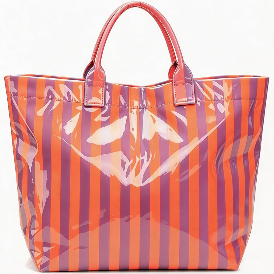 Tote Bag for Women Striped PVC Tote Bag Beach Tote Bags,Waterproof Handbag for Travel,Pool,Summer... | Amazon (US)