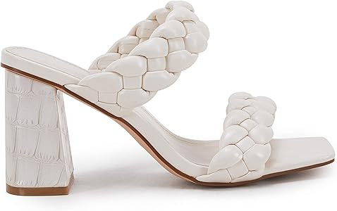 Syktkmx Womens' Braided Heeled Sandals Backless Square Open Toe Block Slide | Amazon (US)