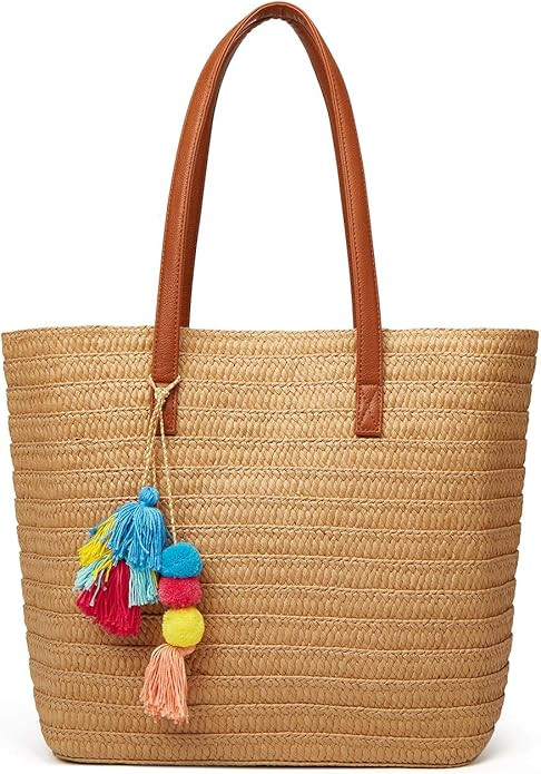 Straw Beach Bags Tote Tassels Bag Hobo Summer Handwoven Shoulder Bags Purse With Pom Poms | Amazon (US)