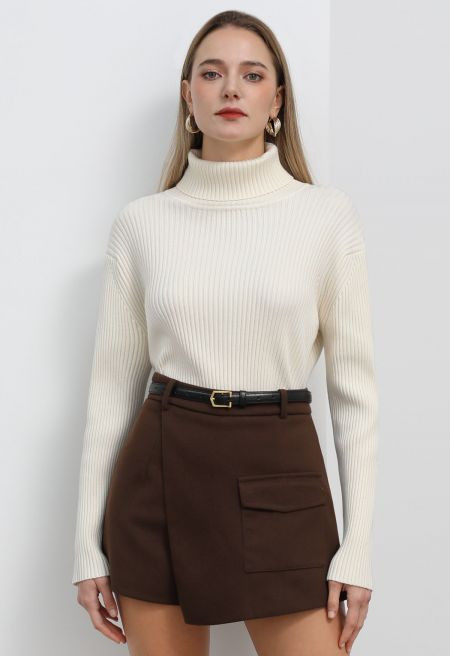 Versatile Turtleneck Ribbed Knit Sweater in Ivory | Chicwish