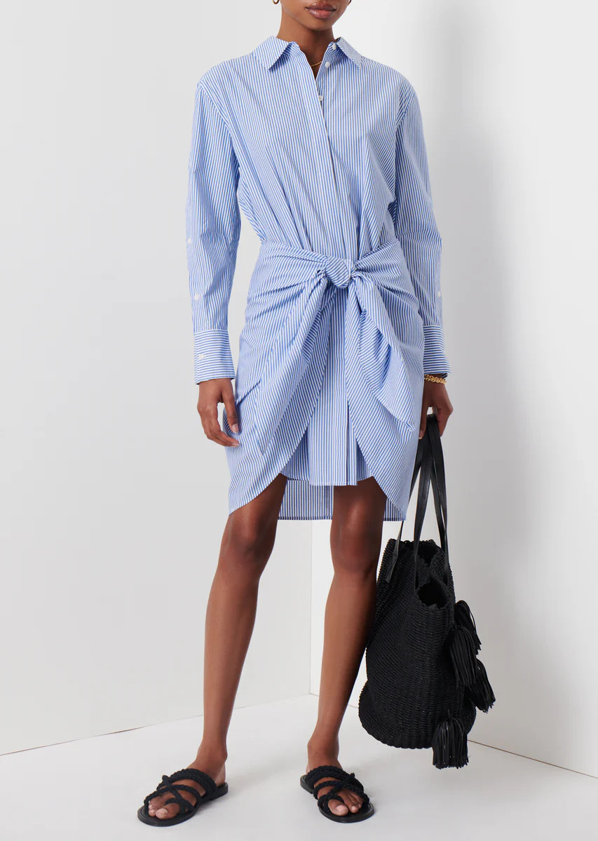 Charlotte Tie Waist Shirt Dress - Blue-White | Derek Lam