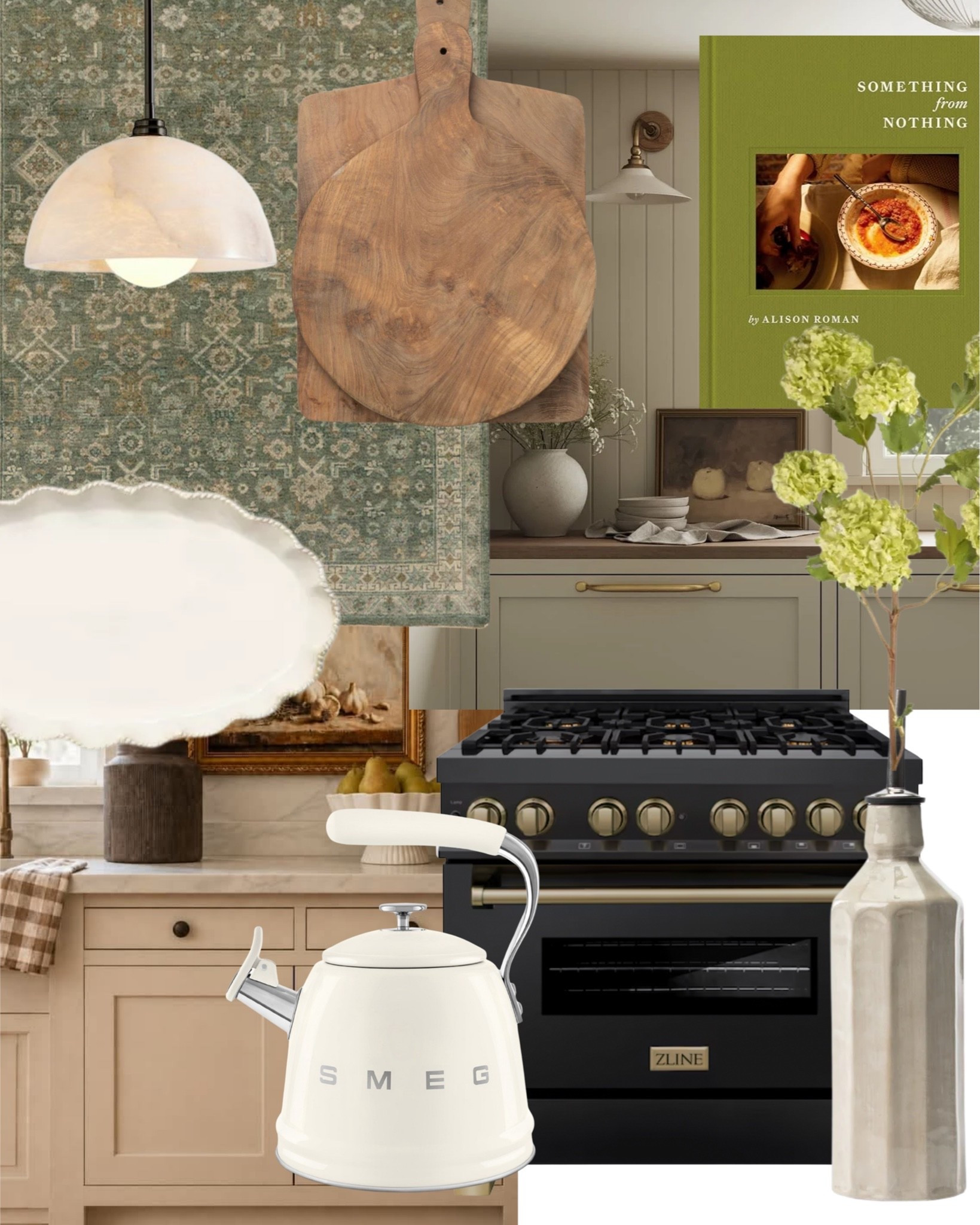 A kitchen that leans into pattern without losing its calm. 

Sage green wallpaper, a warm wood cutting board, a cream range with brass hardware, and the small styling pieces, a scalloped dish, fresh greenery, that make a kitchen feel collected, not just functional.

All linked here 🤍 #LTKhome
