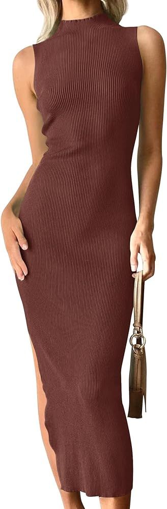 ZESICA Women's 2024 Summer Knitted Sweater Dress Sleeveless Mock Neck Ribbed Side Slit Bodycon Ta... | Amazon (US)