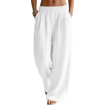 LOMON Linen Pants Women Wide Leg Palazzo Summer Flowy Pants Beach Vacation Clothes Elastic Waist ... | Amazon (US)