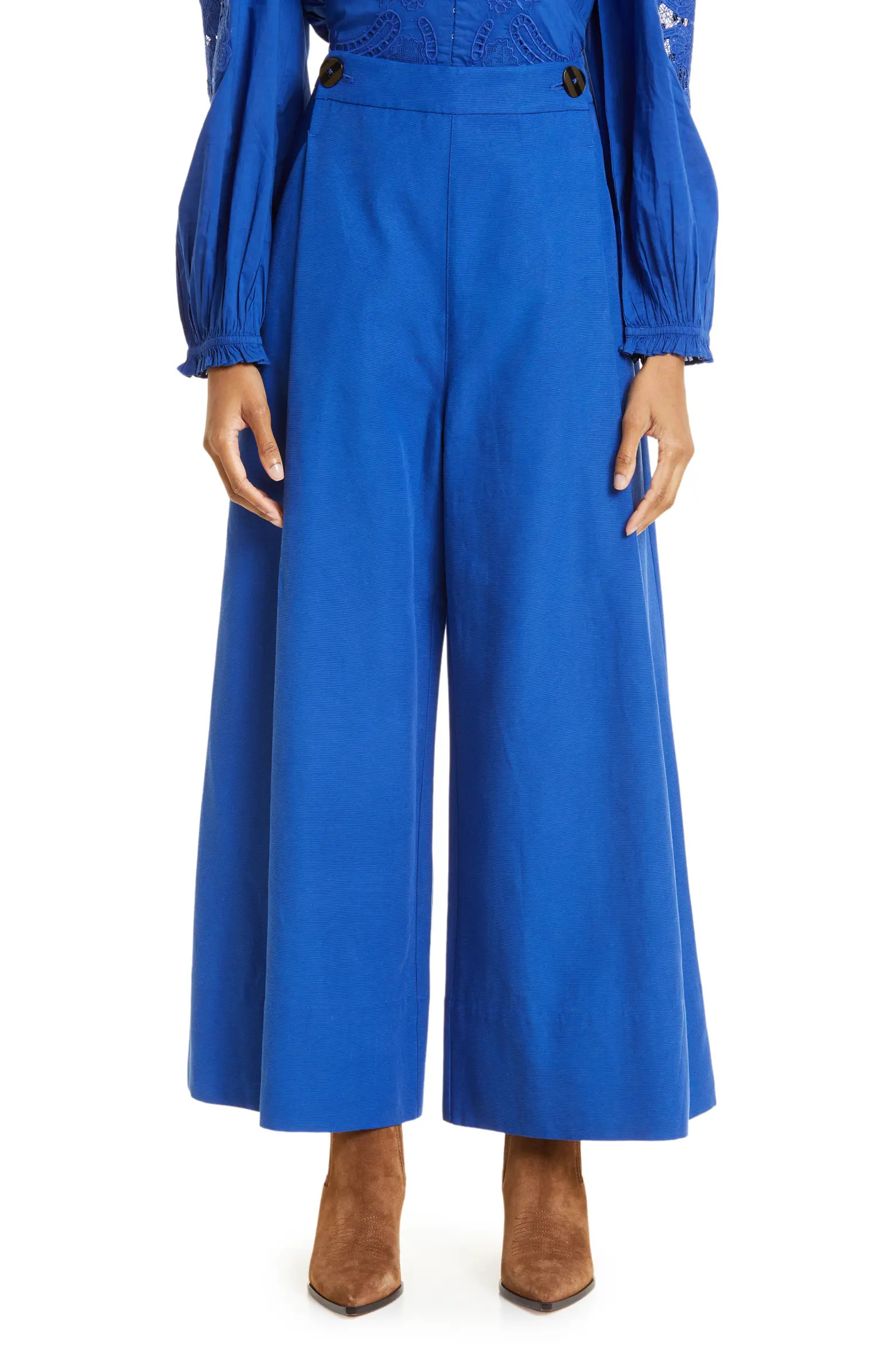 Blue Wide Leg Cotton Blend Pants | Nordstrom