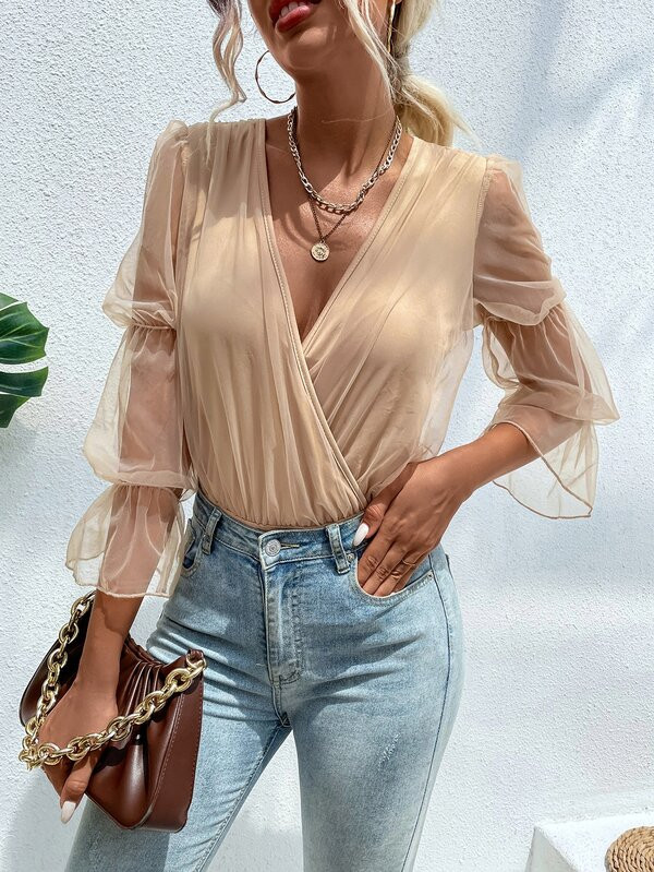 SHEIN Privé Contrast Mesh Gathered Flounce Sleeve Bodysuit  SKU: sw2206309799404139(500+ Reviews... | SHEIN