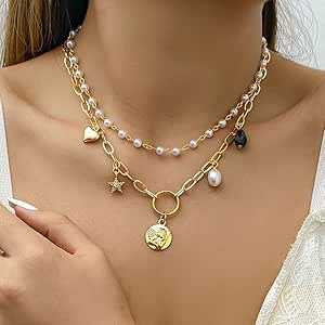 Pearl Layered Necklaces Star Pearl Choker Necklace Gold Paperclip Chain Peach Heart Portrait Pend... | Amazon (US)