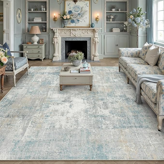 8x10 Washable Area Rug Blue Cream Abstract Non Slip Soft Low Pile Rug for Living Room Bedroom Din... | Amazon (US)