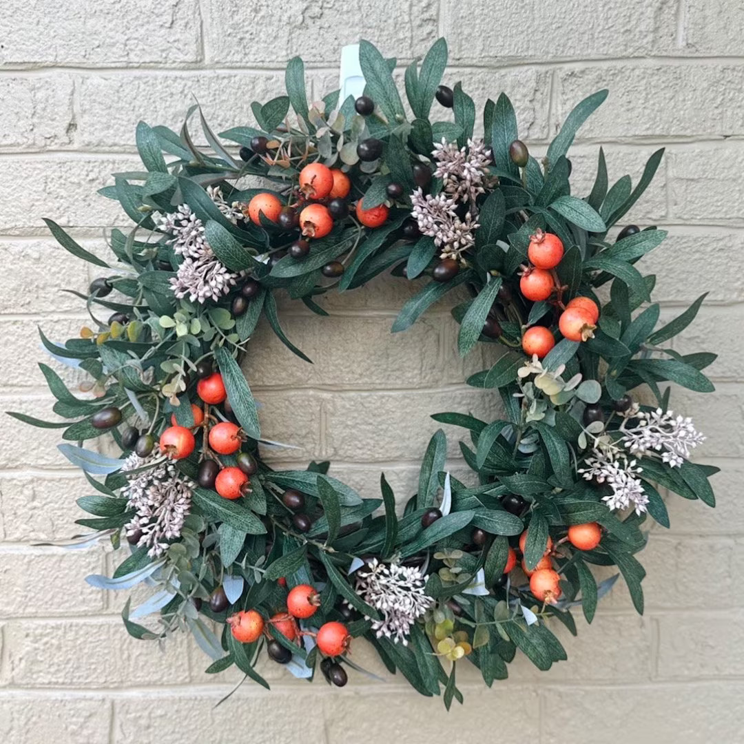 Fall Olive Branch and Orange Berry Wreath, Modern Farmhouse Thanksgiving Decor w/Foliage, Autumn ... | Etsy (US)