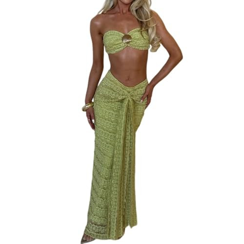 Novaorily Womens Two Piece Sets Sexy Boho Tube Top and Long Wrap Maxi Skirts Set Summer Beach Vacation Outfits Green | Amazon (US)