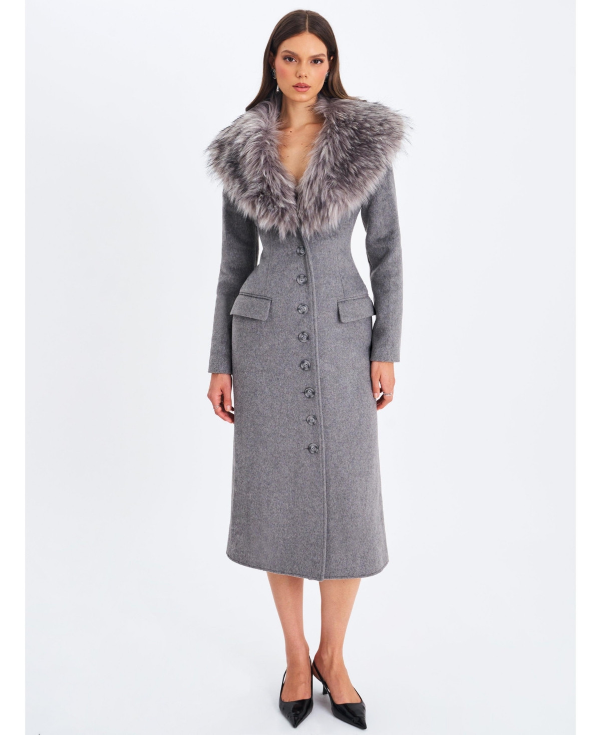 Miss Circle Women's Faye Grey Wool Blend Single-Breasted Coat with Removable Faux Fur Collar - Grey | Macy's