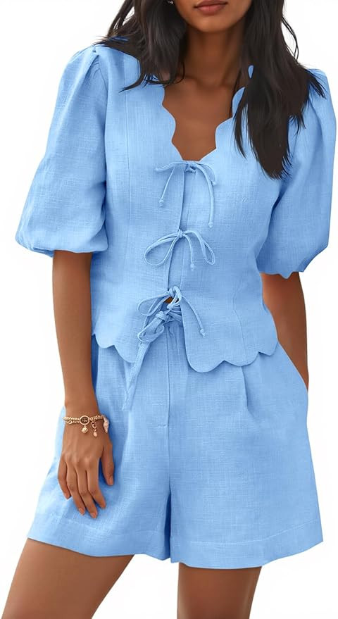 Cicy Bell Womens Summer 2 Piece Short Sets Puff Short Sleeve V Neck Bow Tie Front Tops Wide Leg S... | Amazon (US)