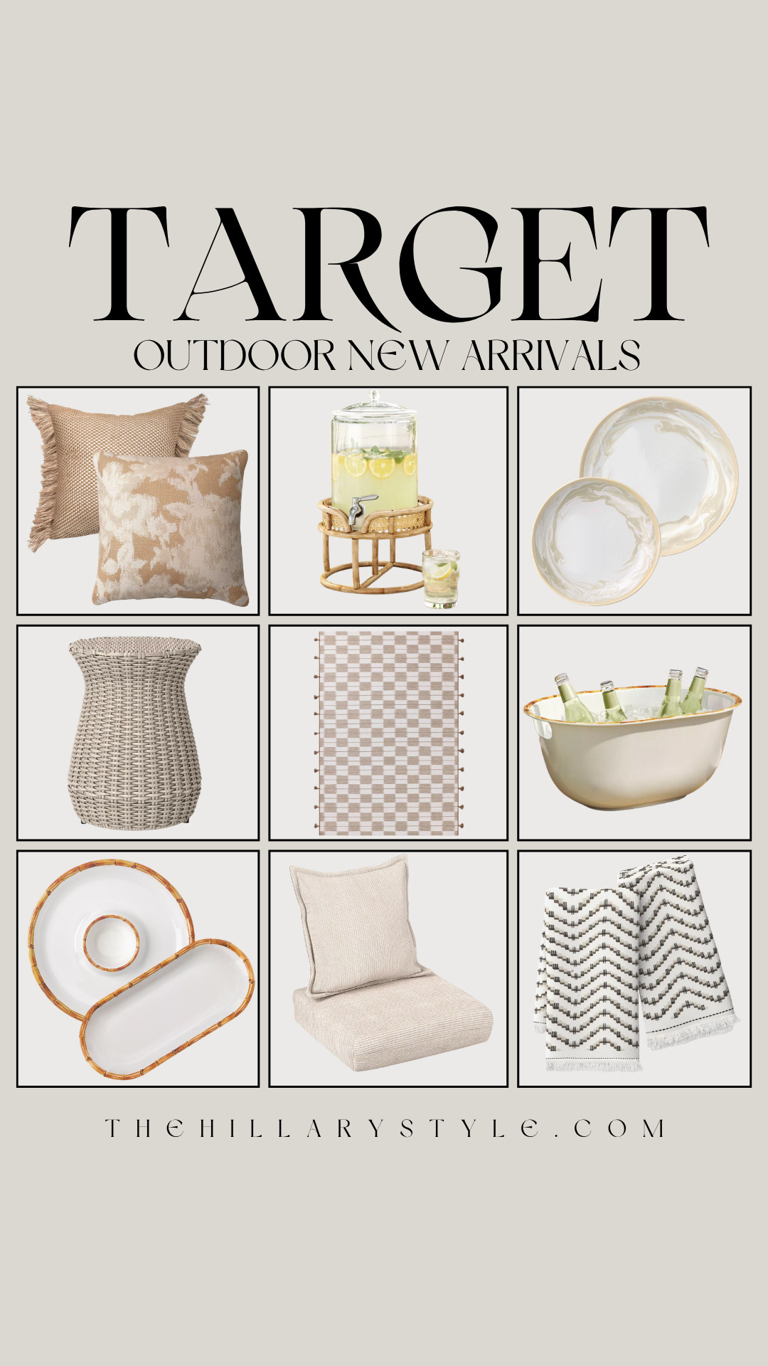 New Arrivals: Neutral Target Outdoor Finds
Get ready to level up your outdoor entertaining with these Target new arrivals! Achieve that effortlessly chic, organic modern aesthetic with a curated collection in perfect neutral tones. We are obsessed with the woven wicker side table and the rattan-based drink dispenser (hello, aesthetic hydration!). Add texture with the checkerboard outdoor rug and patterned throw pillows, and serve in style on the bamboo-rimmed melamine serving platters and marble-patterned bowls. This collection has everything for the ultimate patio refresh. Shop these and create your dream outdoor living space just in time for warmer weather. 

 #TheHillaryStyle #TargetFinds #TargetStyle #TargetOutdoor #Patiodecor #OrganicModern #NeutralAesthetic #OutdoorEntertaining #BackyardGoals #SummerVibes #HomeDecor #LTKhome #LTKstyletip #OutdoorLiving #MinimalistDecor #RattanHome 

#LTKSeasonal #LTKHome