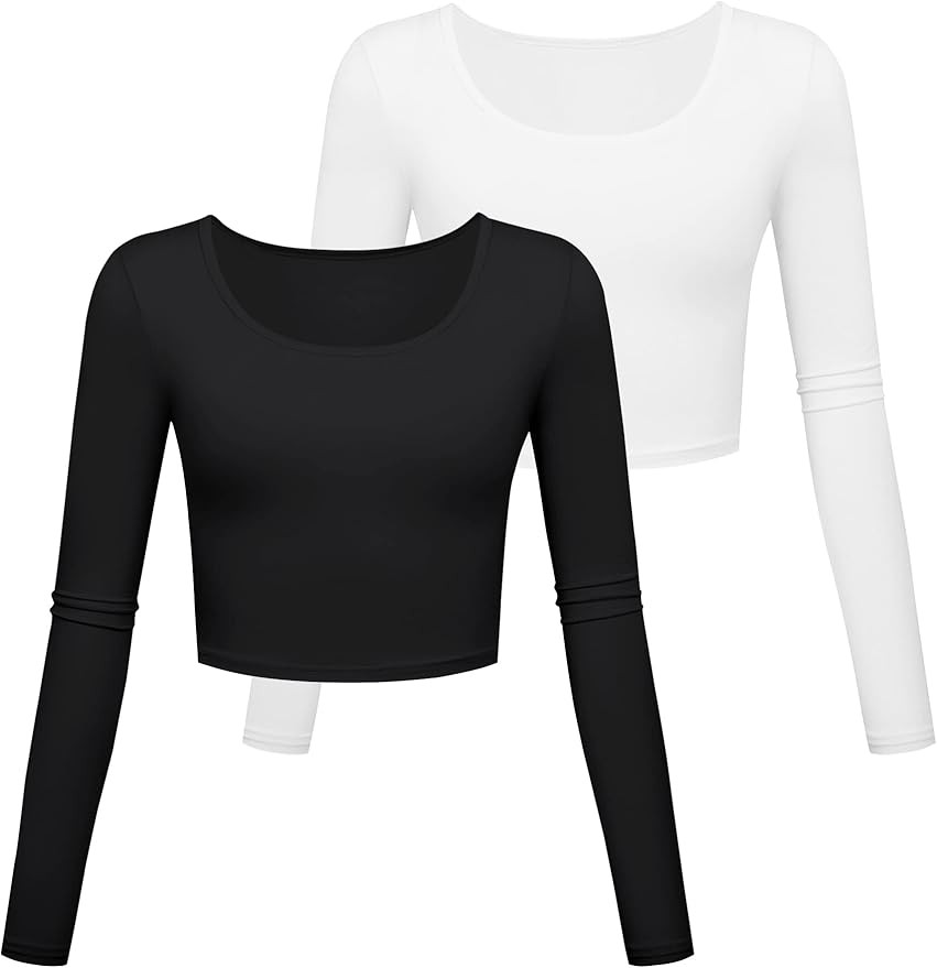 Long Sleeve Crop Tops for Women Workout Basic Clothes Fitted Slim Scoop Neck Cute Yoga Shirts | Amazon (US)