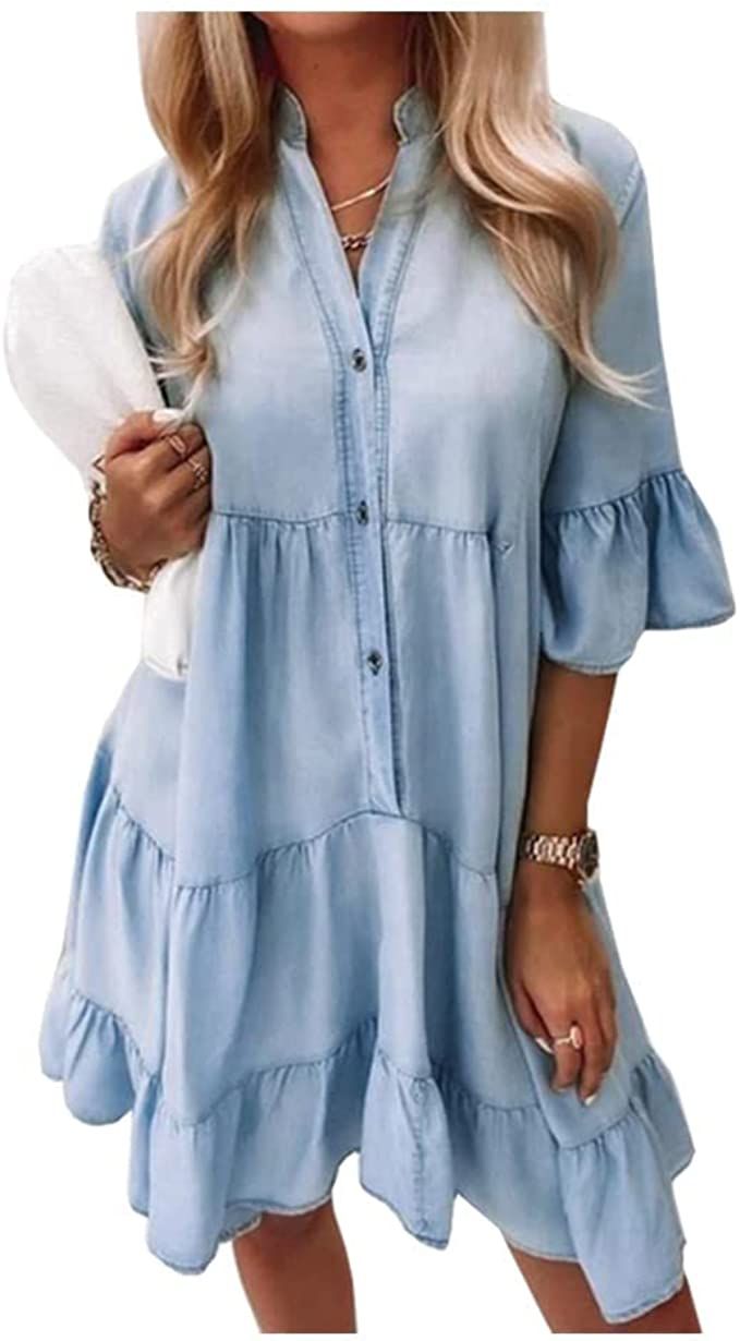 Womens Denim Shirt Dress Flowy V Neck Button Down Ruffle Sleeve Back Tiered Babydoll Dress | Amazon (US)