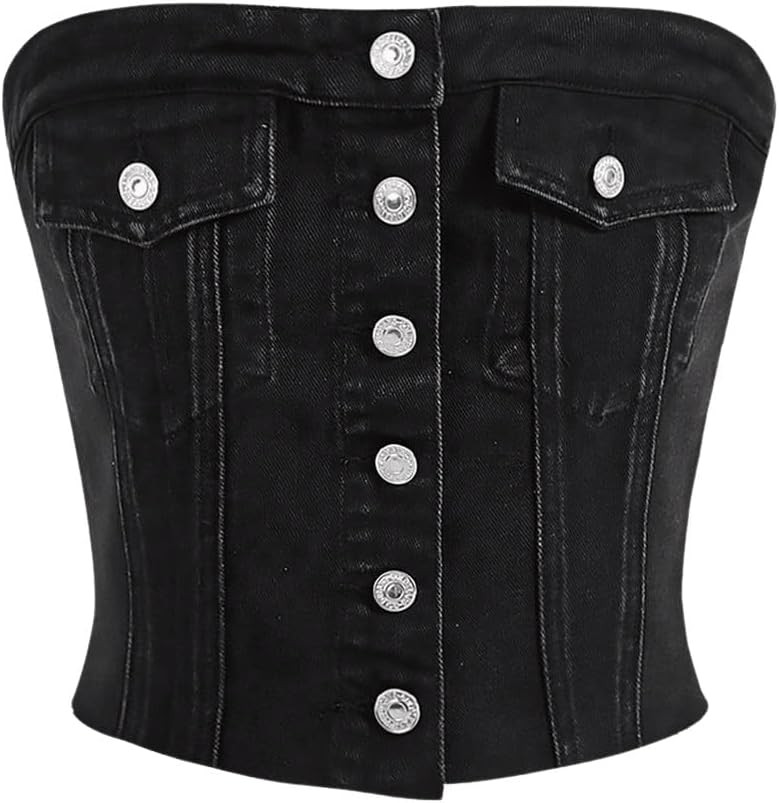 SweatyRocks Women's Strapless Button Down Slim Fit Denim Crop Tube Top with Flap Pocket | Amazon (US)